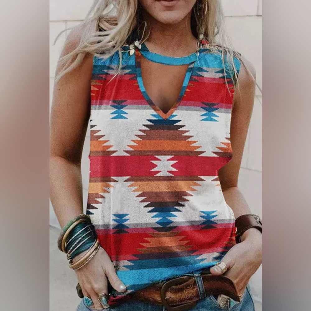Aztec Geometric Print Hollowed Neckline Tank Top